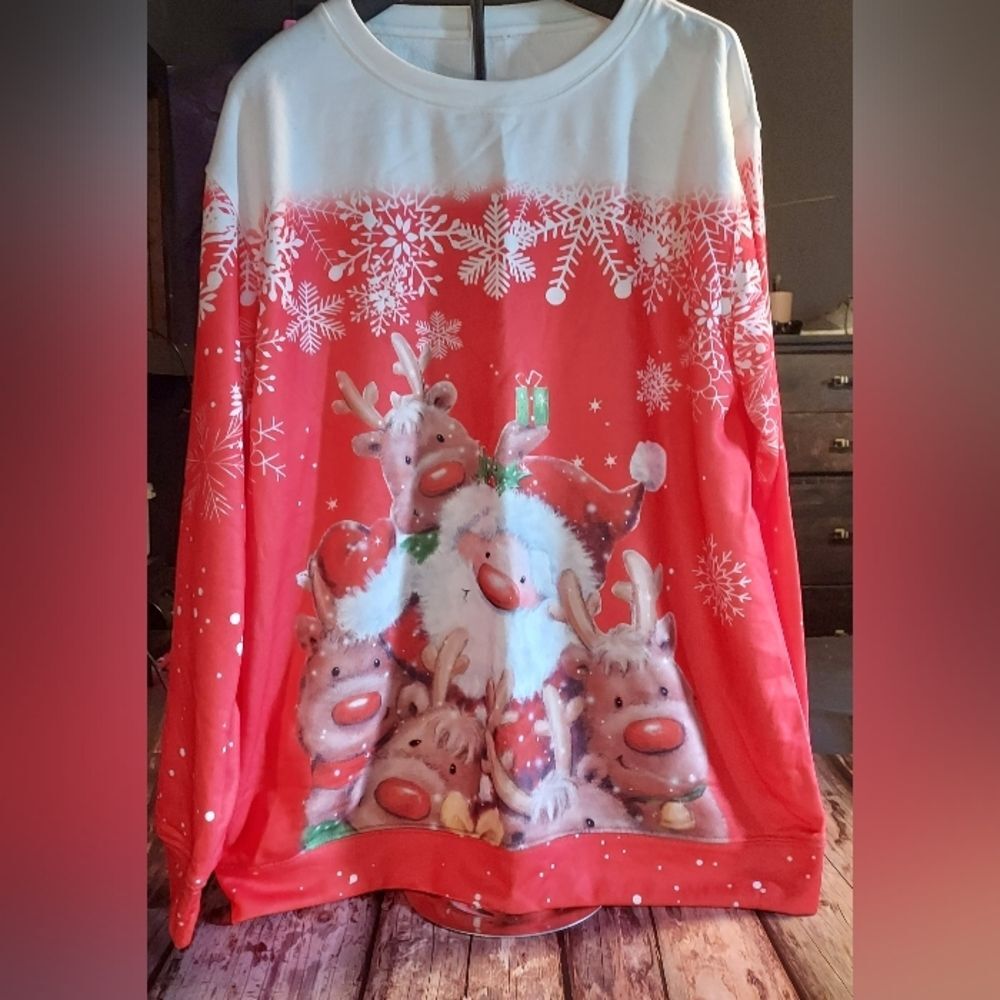 Festive Red Reindeer And Santa Ladies Sweatshirt